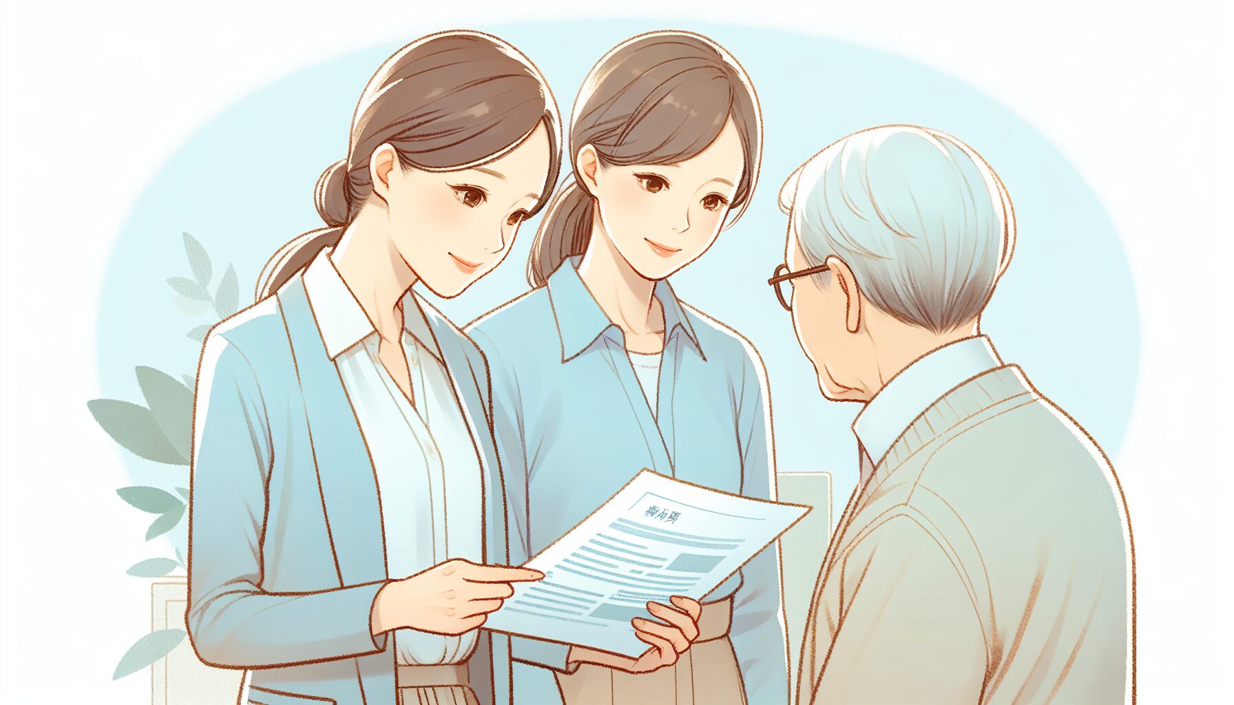 ケアマネが家族に本人情報シートを説明するシーン