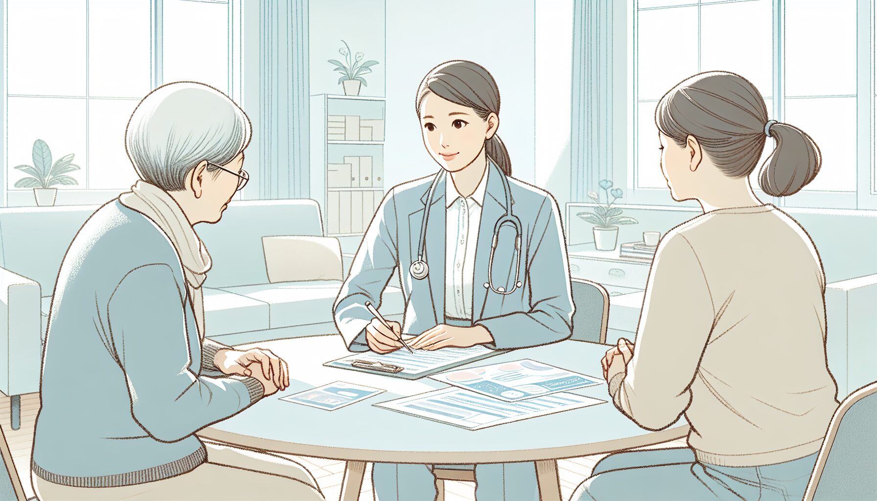 施設での看取りケアで家族に寄り添う介護職員のイラスト
