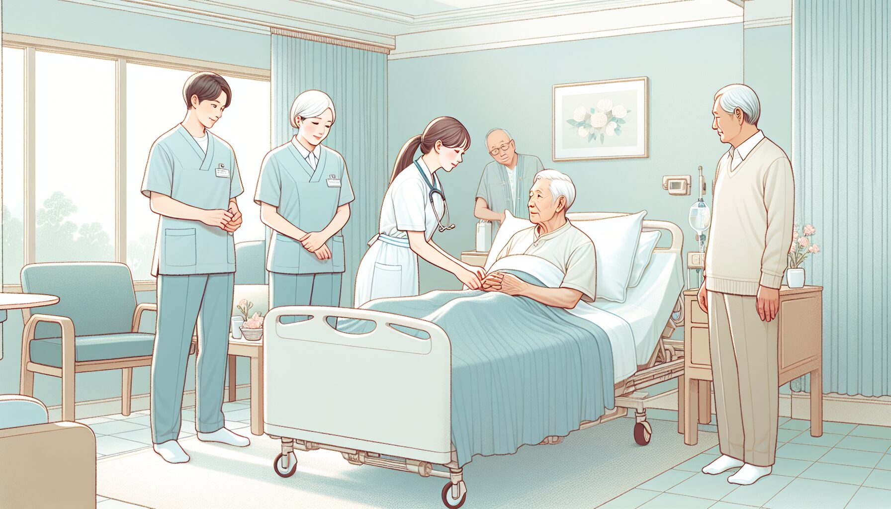 家族に臨死期の状態を丁寧に説明する施設職員のイラスト