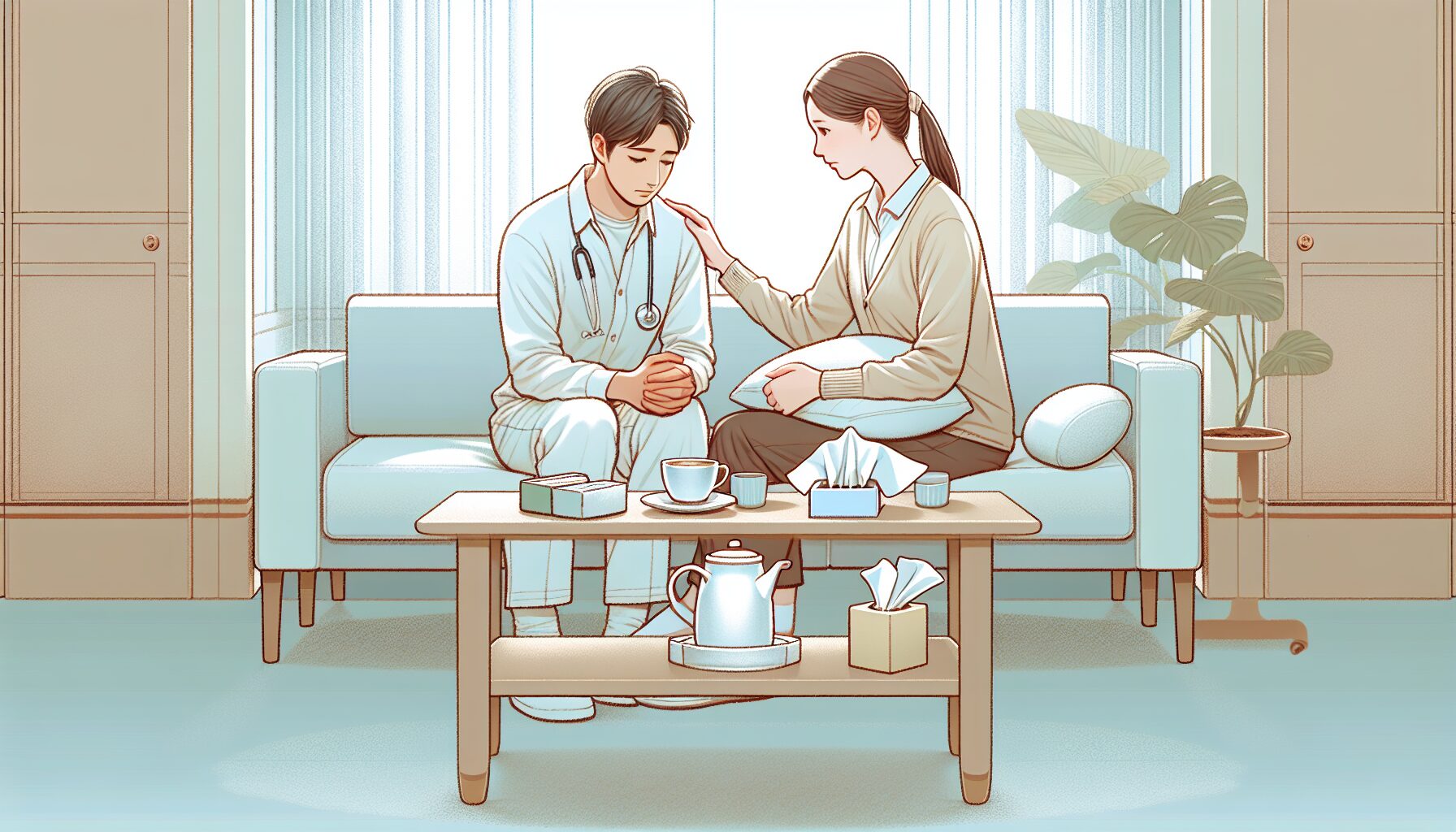 書類整理をしながら手続きを確認する施設職員のイラスト