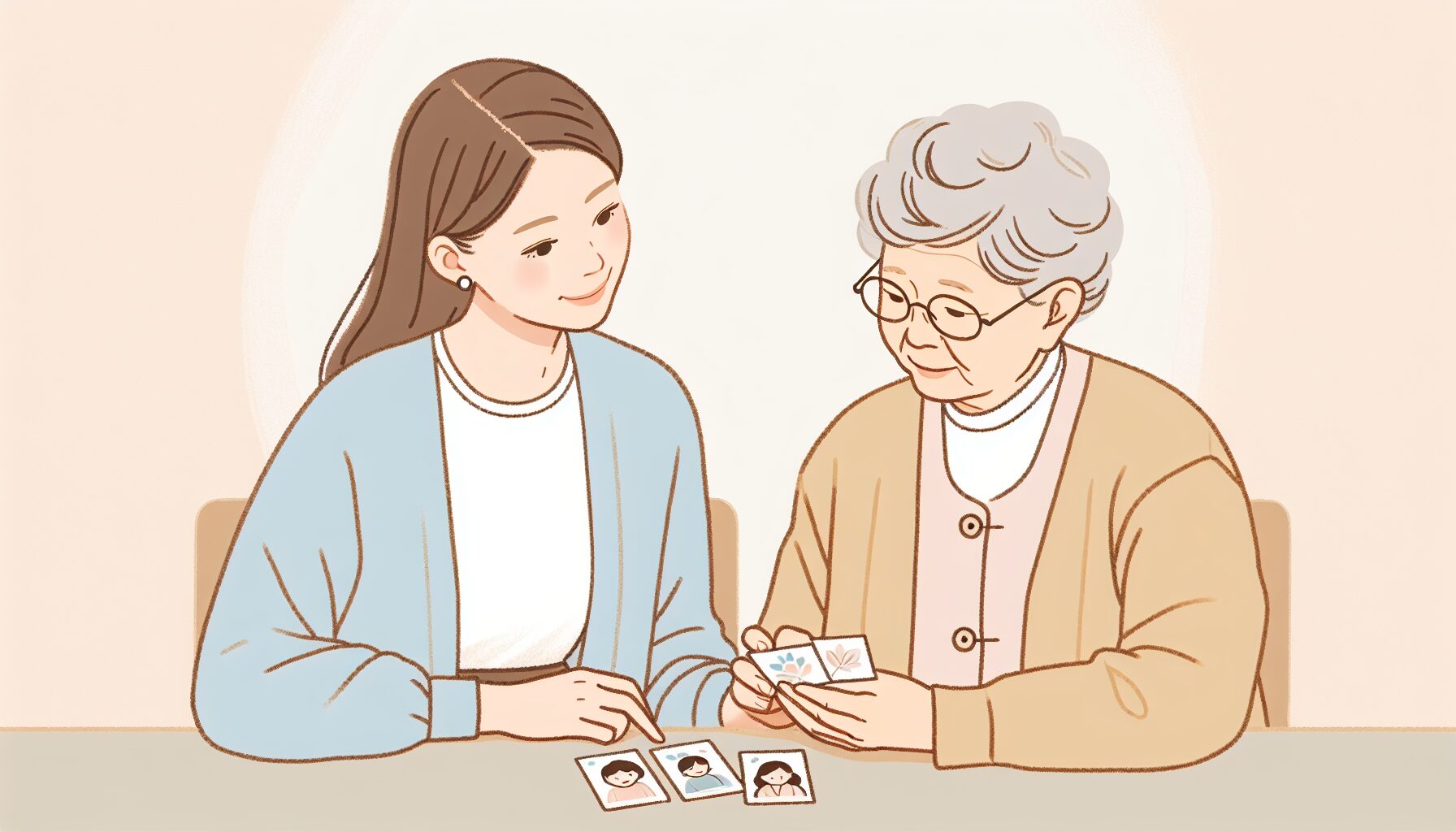 ソーシャルワーカーがピクチャーカードで認知症高齢者の意思疎通を支援しているイラスト