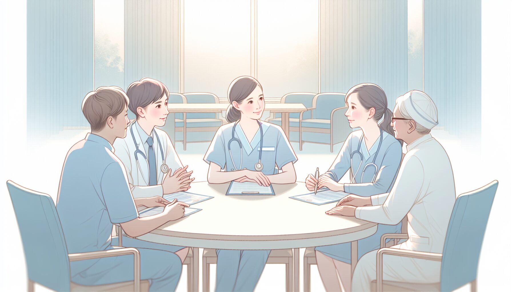 多職種チームがカンファレンスで意思決定支援を話し合っているイラスト