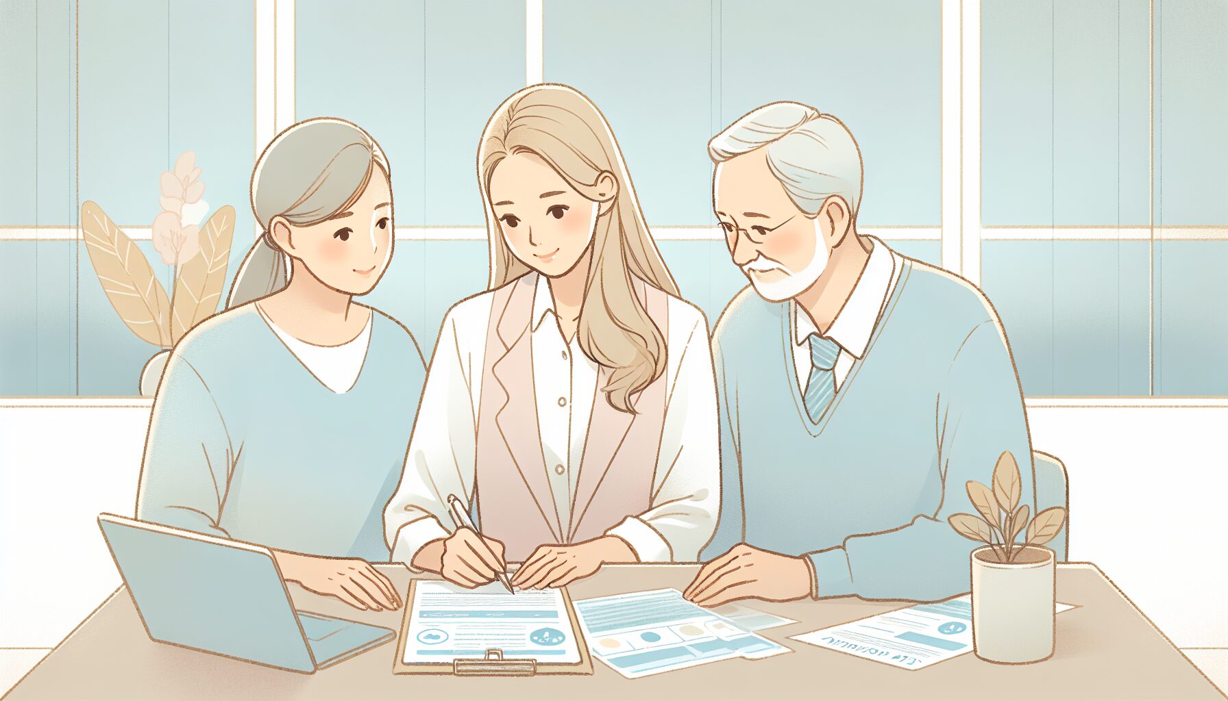 後見人と施設スタッフが利用者のケアプランを確認しているイラスト