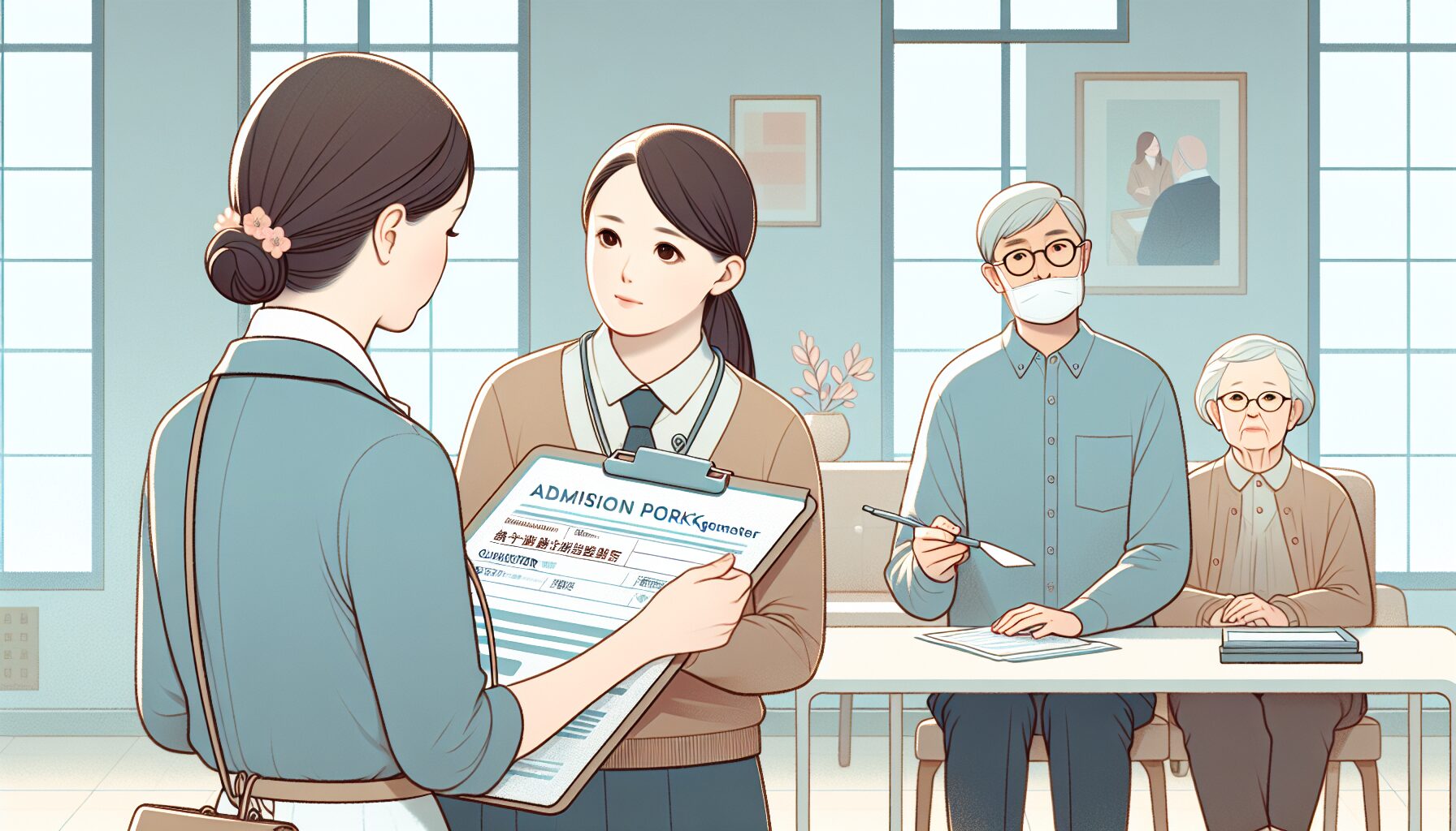 施設スタッフが入居手続きの書類を説明しているイラスト