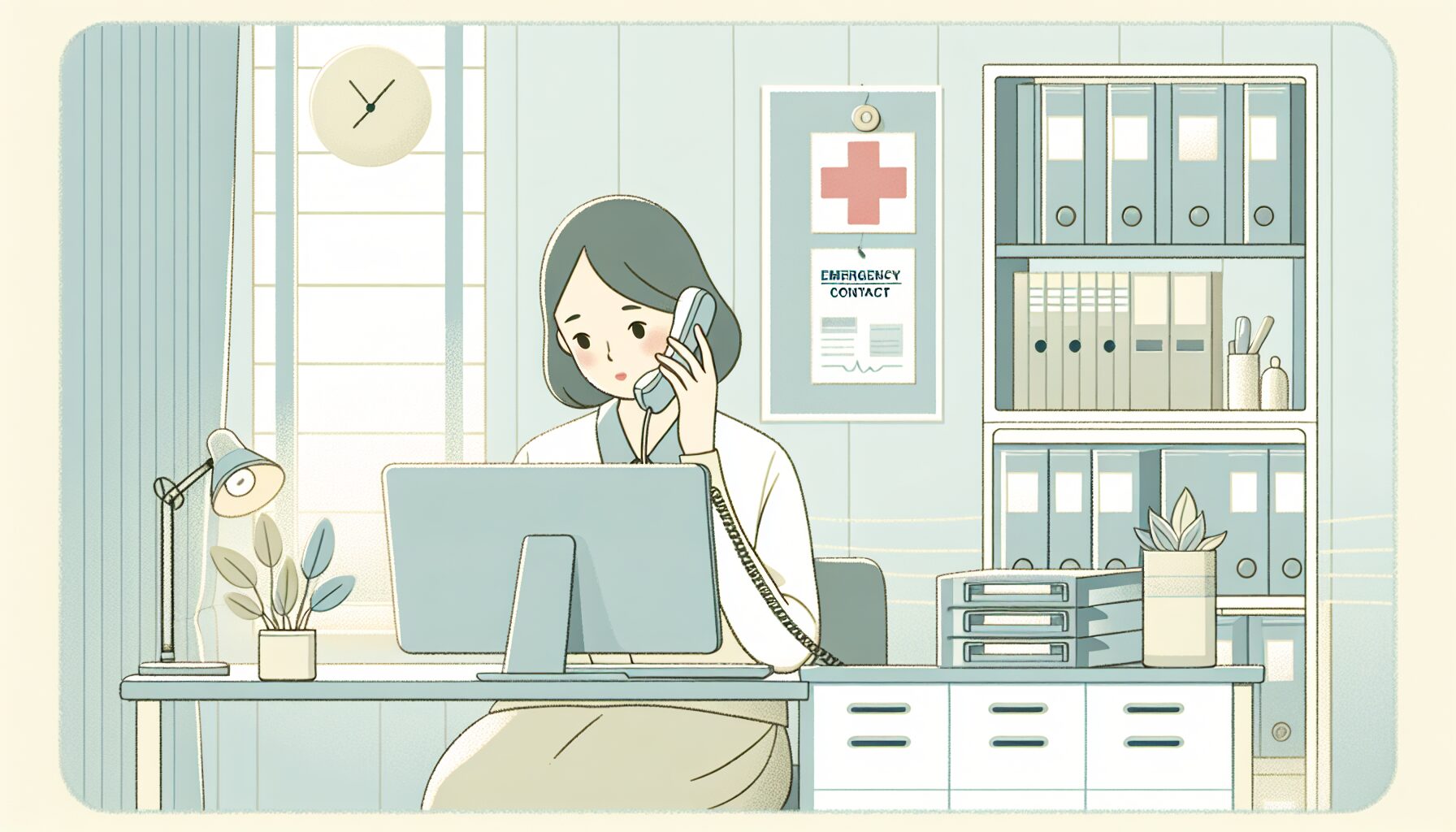 ケアマネジャーが緊急連絡の電話をしているイラスト