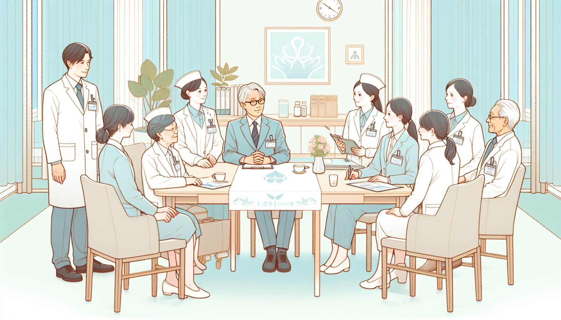 施設スタッフがチームミーティングをしているイラスト