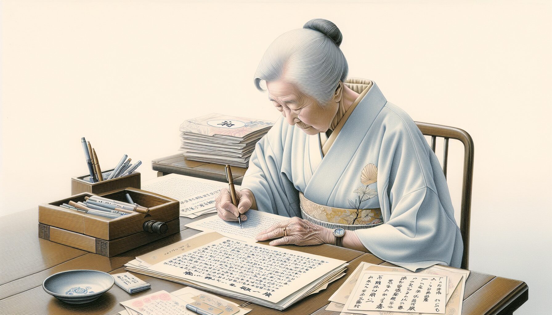 自筆証書遺言を手書きで作成する高齢者のイラスト