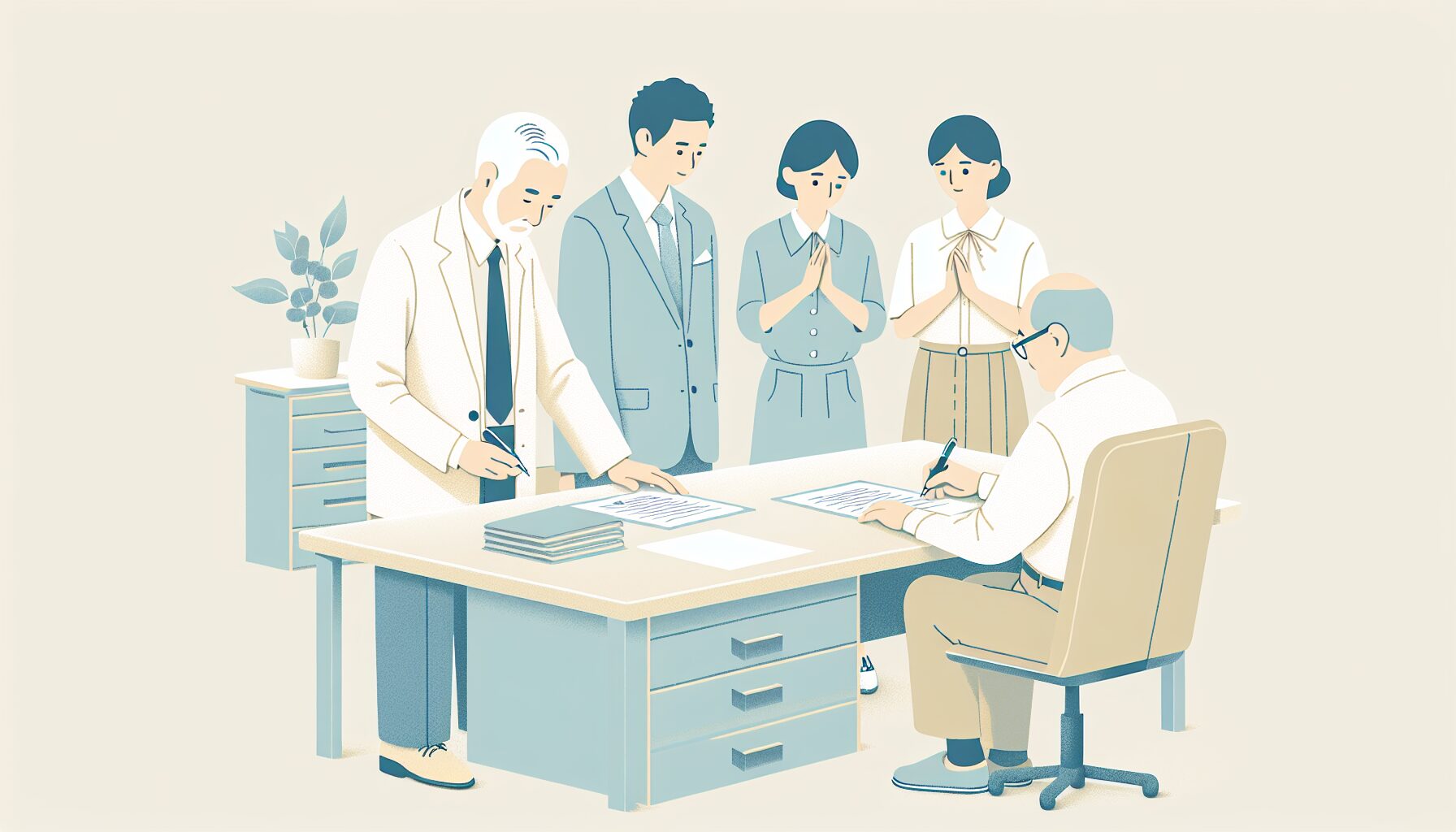 公証役場で公証人と証人の前で遺言書を作成するシーンのイラスト