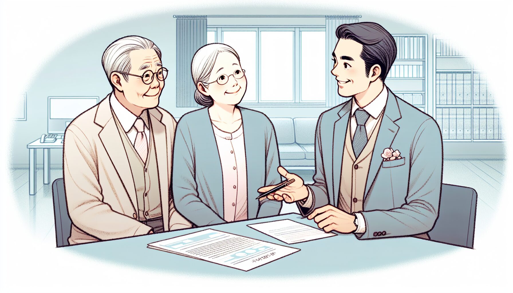 専門家に遺言書の種類について相談する高齢者夫婦のイラスト